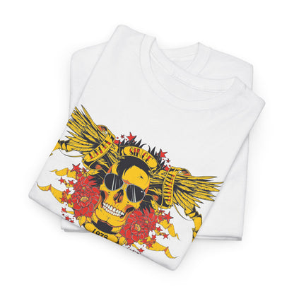 Luxurious white t-shirt featuring a bold yellow skull graphic with intricate wings, roses, and retro elements, showcasing timeless style and rebellious spirit.