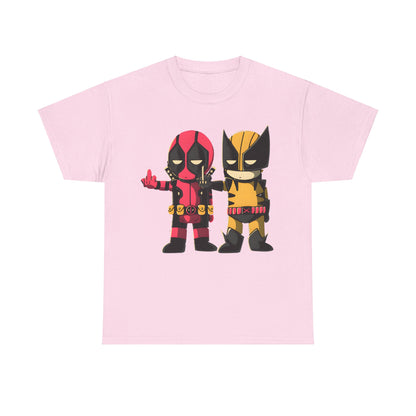 Deadpool and Wolverine Humorous Graphic Unisex Tee Shirt in pink, flaunting whimsical chibi illustrations of Deadpool and Wolverine.