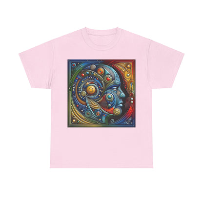 Stained Glass Dreams Unisex T-Shirt in a delicate pink tone, presenting a captivating graphic of a human face entwined with vivid abstract elements, perfect for those who appreciate unique artistry in fashion.