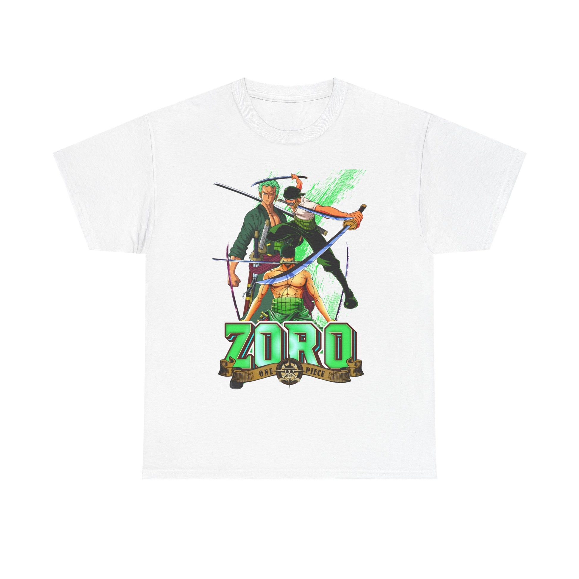 Refined One Piece Zoro Graphic T-Shirt in Classic White showcasing intricate character designs, a must-have for discerning anime fans.
