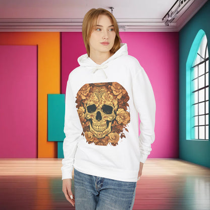 Chic Unisex Lightweight Hooded Sweatshirt with a distinctive designer skull and roses motif, presented on a model in a bright and stylish setting.