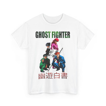 Front view of the stylish Ghost Fighter graphic t-shirt laid flat, showcasing striking anime artwork and a luxurious feel for discerning fashion aficionados.