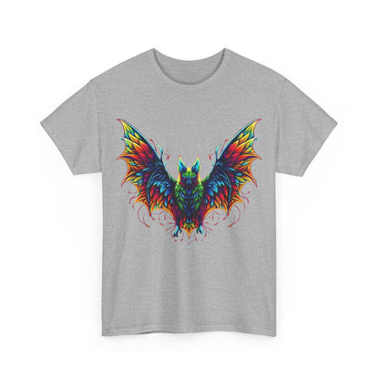 Radiant Evolution Bat Tee unisex cotton t-shirt front view in grey, showcasing a stunning colourful bat graphic with intricate designs, perfect for making a bold fashion statement.