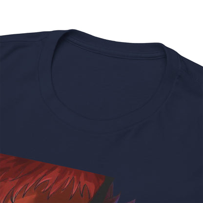 Close-up of a luxurious navy blue t-shirt neckline, showcasing fine craftsmanship and quality fabric, adorned with a striking Ryomen Sukuna design.