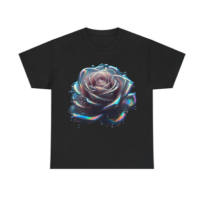 Ethereal Rose Unisex T-Shirt in black, featuring an iridescent floral design with a lifelike rose and water droplets, perfect for adding luxury to your wardrobe.
