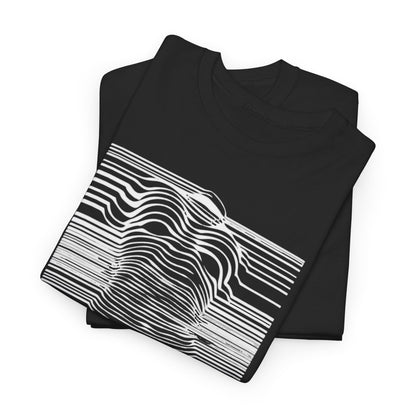 Premium black t-shirts elegantly stacked, showcasing a captivating optical illusion design that represents the human form, perfect for adding a unique flair to your wardrobe.