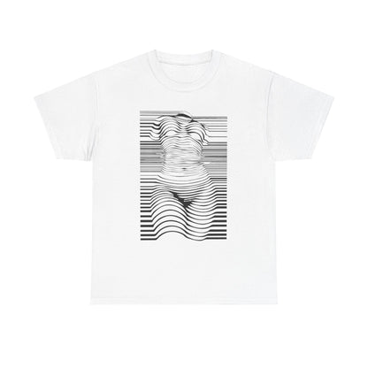 Sophisticated unisex white t-shirt with a chic optical illusion graphic design depicting a woman's form through intricate black and white lines, ideal for fashion-forward individuals seeking bold artistic expression.