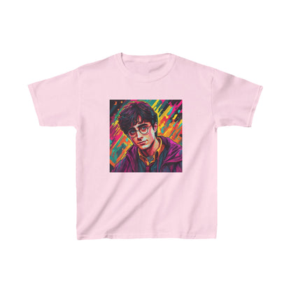 Kids Harry Potter Heavy Cotton Tee in soft pink adorned with a striking illustration of the famous character, perfect for young enthusiasts of magic.