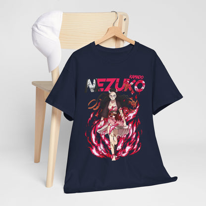 Chic Nezuko Kamado T-shirt elegantly draped over a chair, highlighting its vibrant design and stylish presentation, ideal for anime fans.