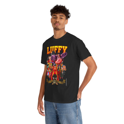 Stylish model showcasing a black men's t-shirt with vibrant 'Luffy' print and intricate anime character design, perfect for fashion-forward fans.