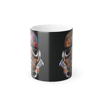 Artistic Stormtrooper Heat Change Mug showcasing a vibrant floral design, emphasizing its unique craftsmanship and pop culture appeal.