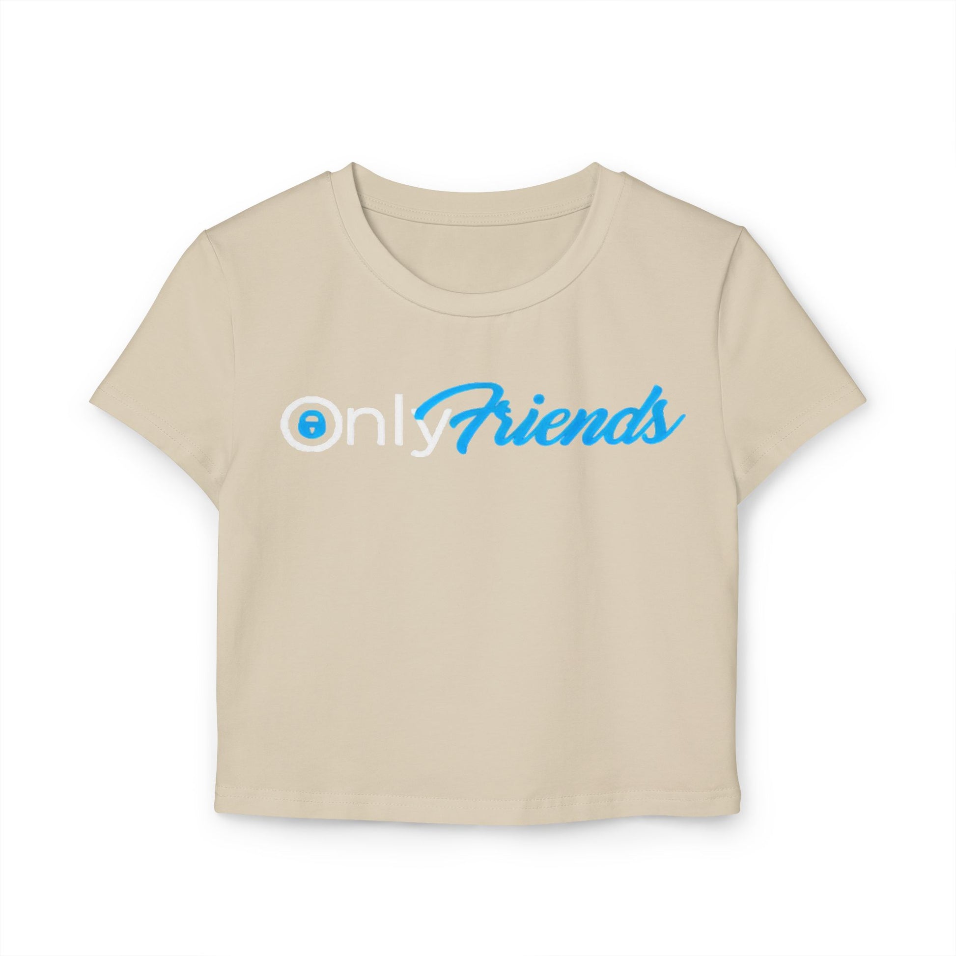 Elegant cropped t-shirt featuring playful 'onlyFriends' design in light blue lettering against a soft beige fabric, perfect for chic casual wear.