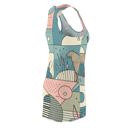 Back view of the Vivienne Starling Racerback Dress by Dazzling Dreams Studio, illustrating the modern racerback style combined with artistic wild animal illustrations.