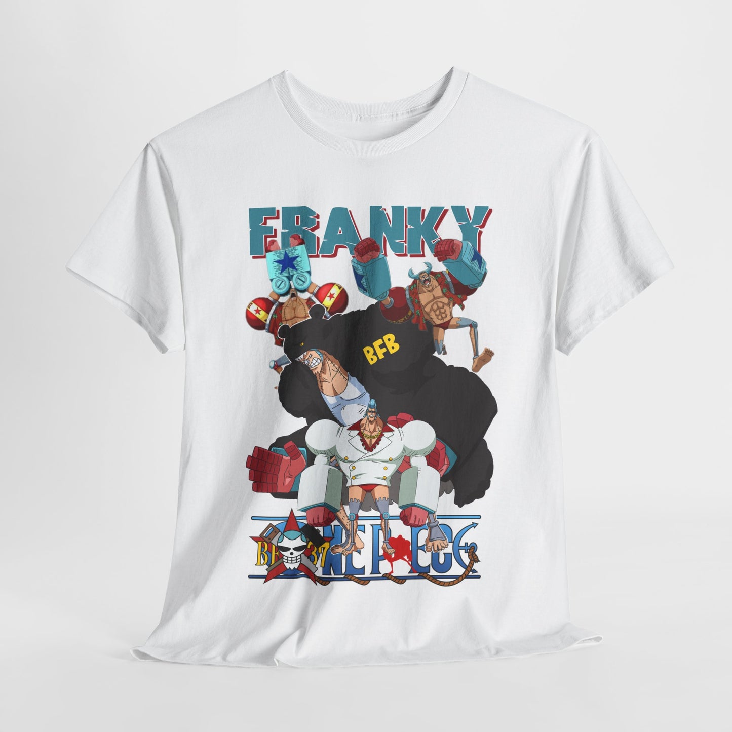 Artistic angled view of a white t-shirt displaying bold anime character illustrations with bright colours, tailored for discerning anime enthusiasts.