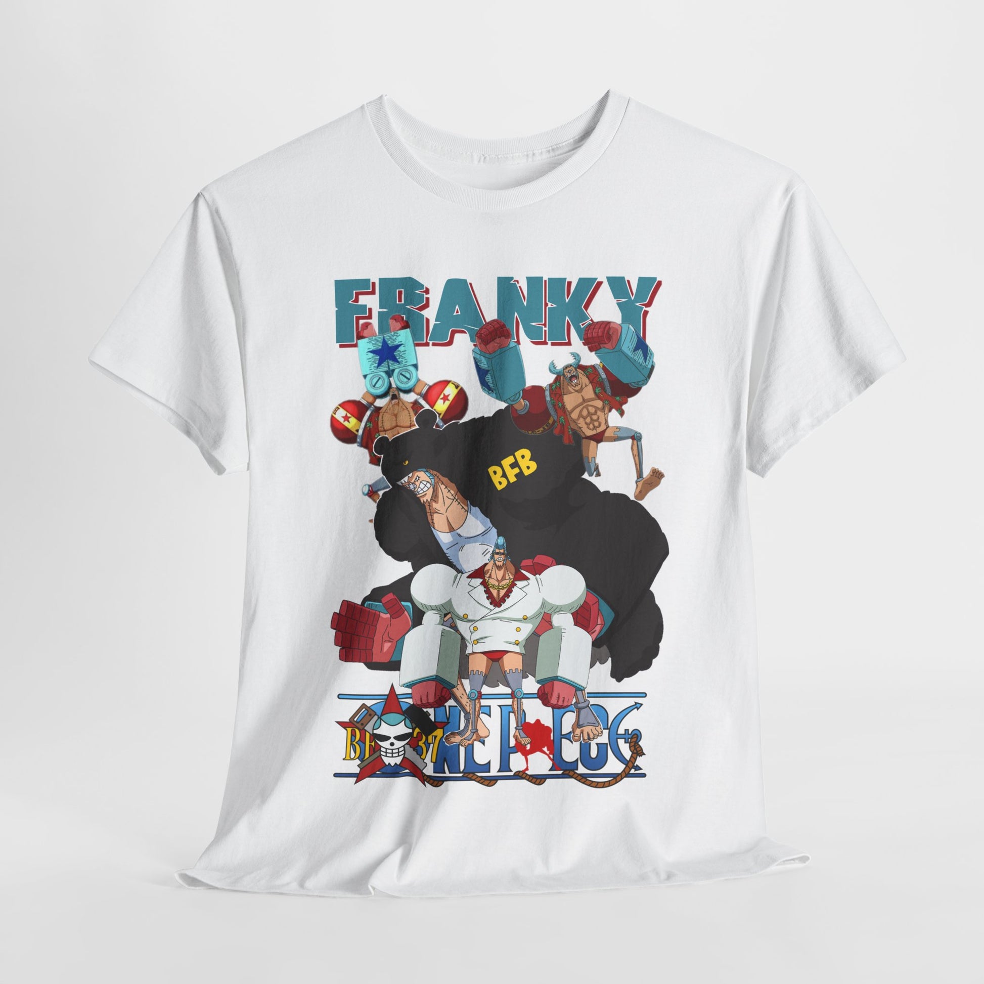 Artistic angled view of a white t-shirt displaying bold anime character illustrations with bright colours, tailored for discerning anime enthusiasts.