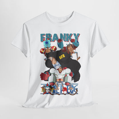 Artistic angled view of a white t-shirt displaying bold anime character illustrations with bright colours, tailored for discerning anime enthusiasts.