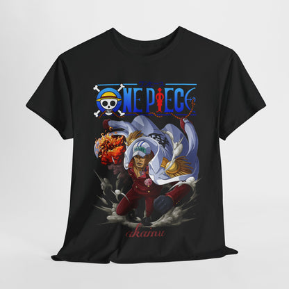 Elegant black One Piece Akainu t-shirt, showcasing a striking graphic of Akainu, the fierce Marine Captain, surrounded by vibrant flames and smoke, with the iconic One Piece logo elegantly designed above.