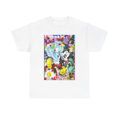 Mickey Mouse Graffiti Graphic Unisex T Shirt Tee in white, featuring a vibrant diamond and playful art elements, perfect for stylish and creative individuals.