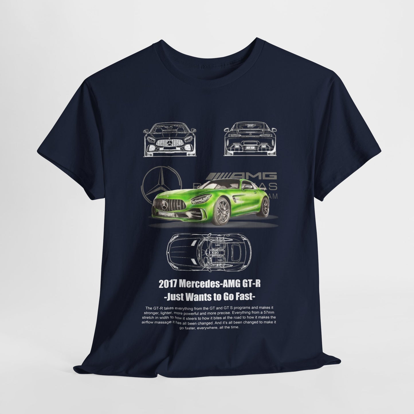 Stylish navy blue Men's Mercedes-AMG GT-R T-shirt adorned with intricate graphics of the car, designed for those who appreciate luxury performance.