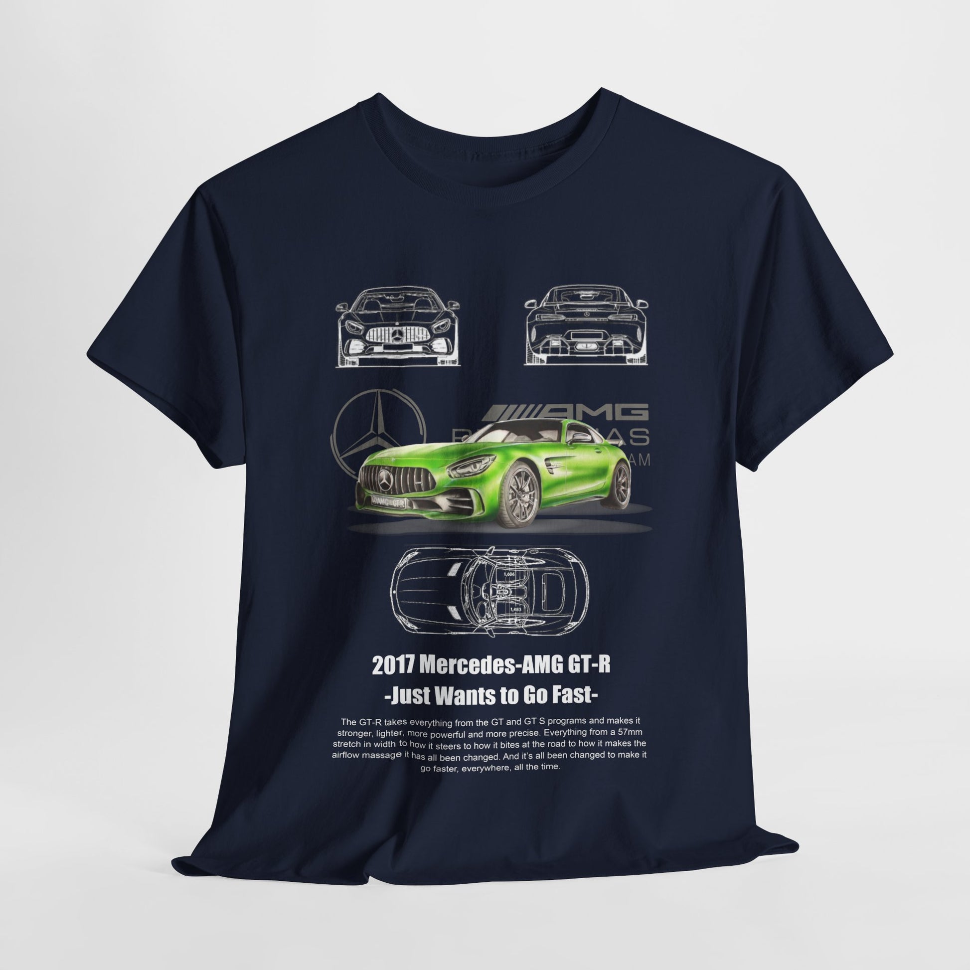 Stylish navy blue Men's Mercedes-AMG GT-R T-shirt adorned with intricate graphics of the car, designed for those who appreciate luxury performance.