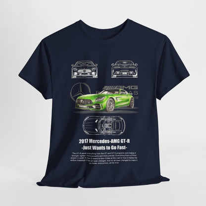 Stylish navy blue Men's Mercedes-AMG GT-R T-shirt adorned with intricate graphics of the car, designed for those who appreciate luxury performance.