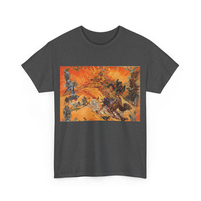 Front view of the Luxury Discworld Pyramids Graphic Unisex T-Shirt in charcoal grey, featuring an exquisite colourful design that embodies whimsy and sophistication.