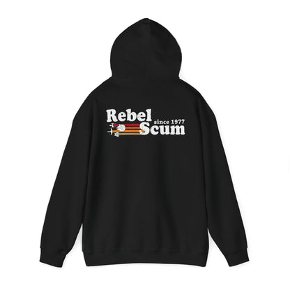 Luxury Rebel Scum Back Print Hoodie showcasing a retro vintage graphic design featuring spacecraft art and the text 'Rebel Scum since 1977' on a black background.