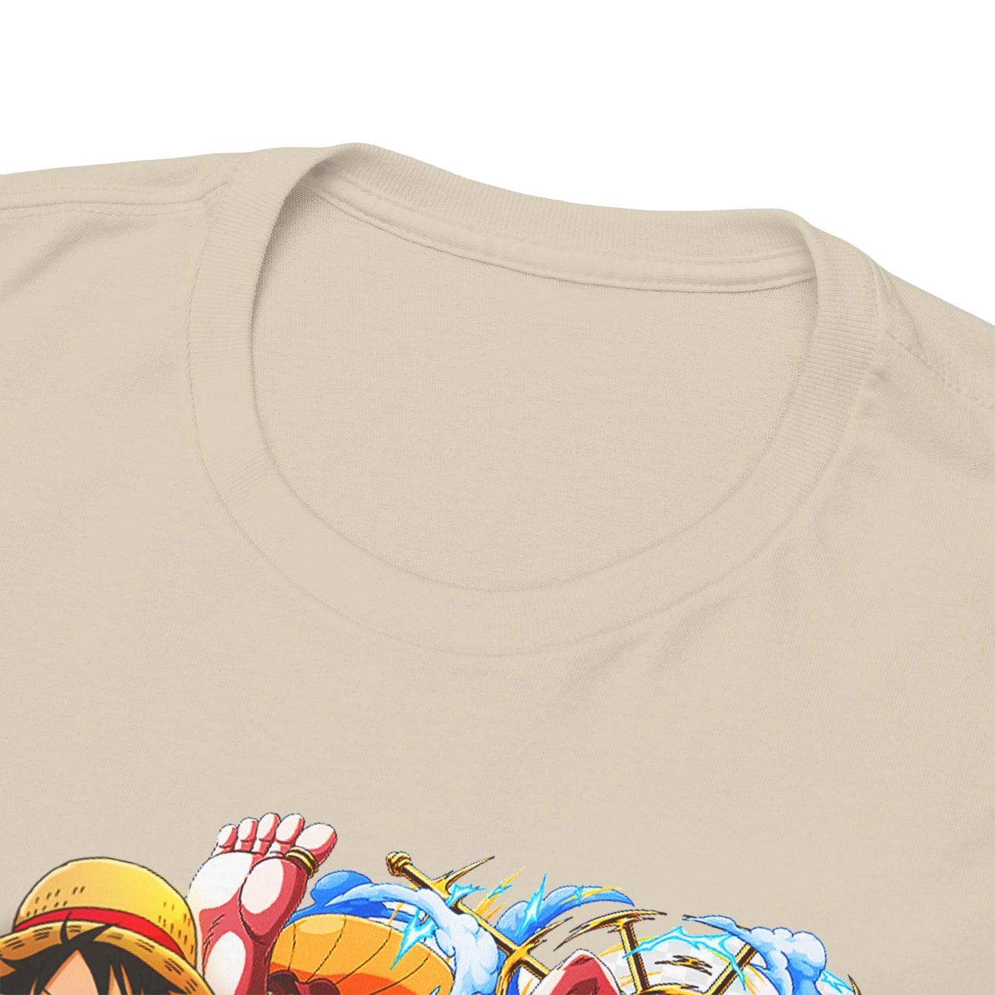 Close-up view of the exquisite neckline of a beige anime t-shirt, emphasising quality fabric and vibrant character details.