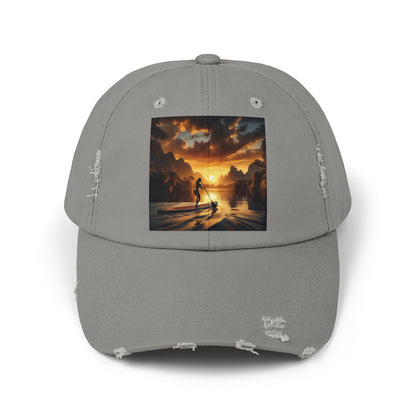 Unisex Distressed Paddleboarders Cap in elegant grey, adorned with a stunning sunset-themed graphic, designed for fashionable sun protection for adventurous water lovers.