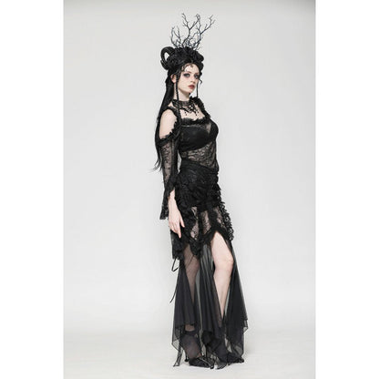 Fashion details of Dark in Love Nevaeh Mermaid Skirt, showcasing the intricacy of lace patterns and sheer elements for glamorous gothic attire.