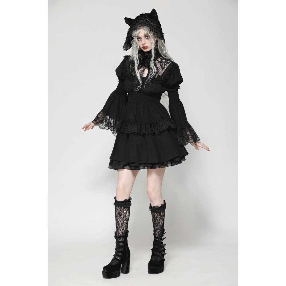 Elegant Dark in Love Arya Gothic Lace Doll Dress showcasing exquisite black lace and ruffled skirt, ideal for Victorian-inspired fashion.