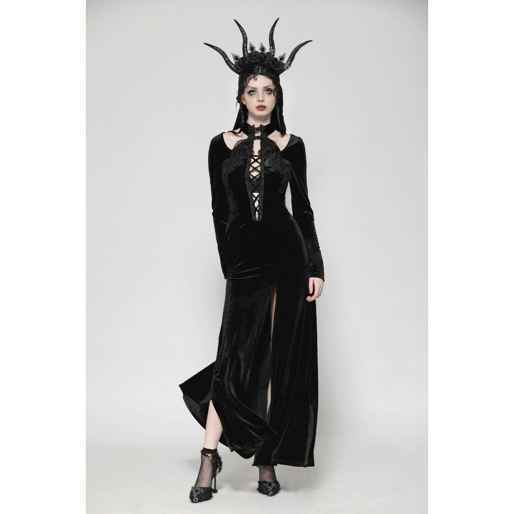 Full-length image of the Dark in Love Vera Gothic Velvet Maxi Dress, highlighting its sultry high-slit and luxurious fabric.