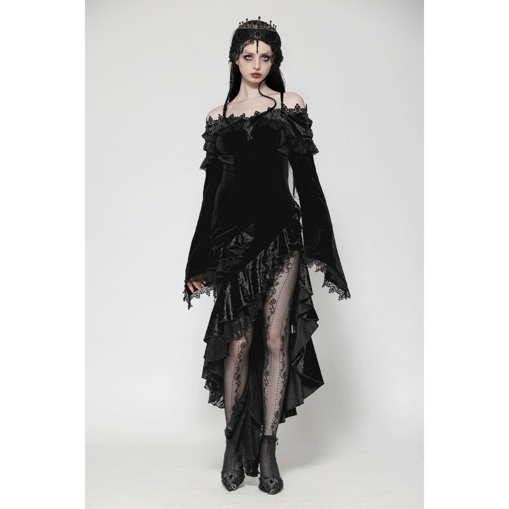 Luxurious close-up of velvet fabric in a gothic off-shoulder mermaid dress highlighting intricate ruffle embellishments.