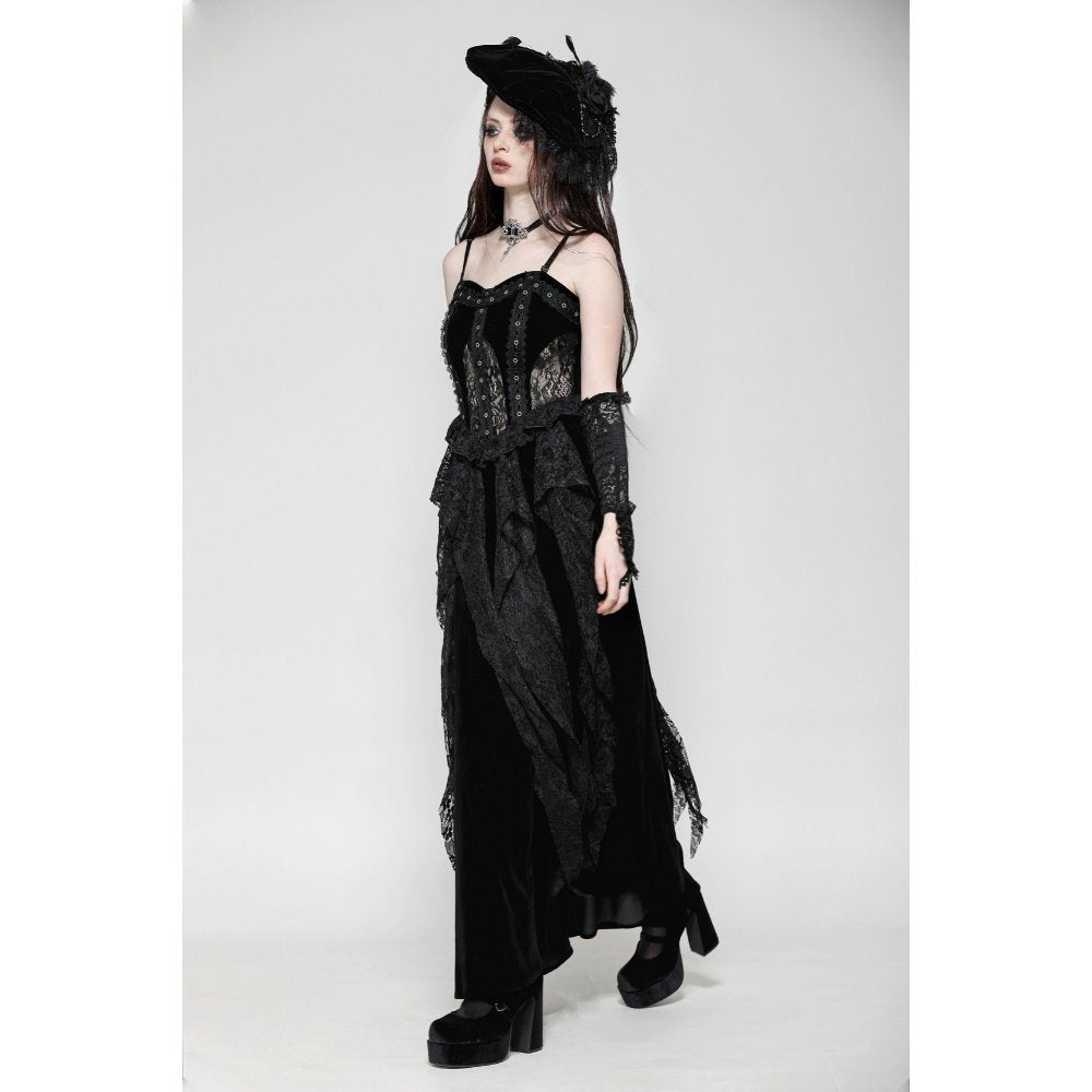 Front view of the Dark in Love Fia Gothic Maxi Dress, featuring a flowing silhouette and corseted design, perfect for gothic fashion enthusiasts.