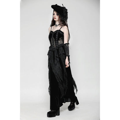 Front view of the Dark in Love Fia Gothic Maxi Dress, featuring a flowing silhouette and corseted design, perfect for gothic fashion enthusiasts.