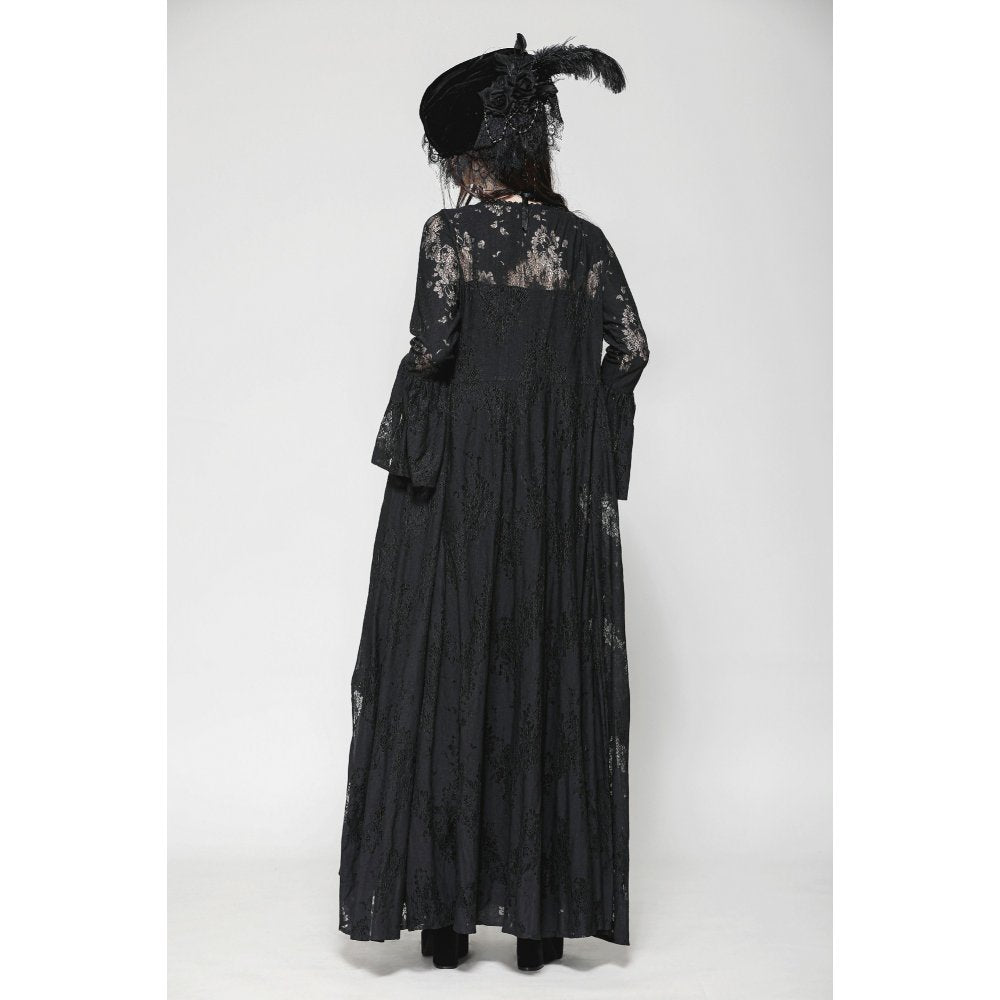 Elegant gothic lace-trimmed long robe featuring bell sleeves, perfect for a romantic Victorian-inspired look, by Dark in Love.