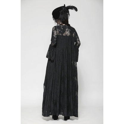 Elegant gothic lace-trimmed long robe featuring bell sleeves, perfect for a romantic Victorian-inspired look, by Dark in Love.