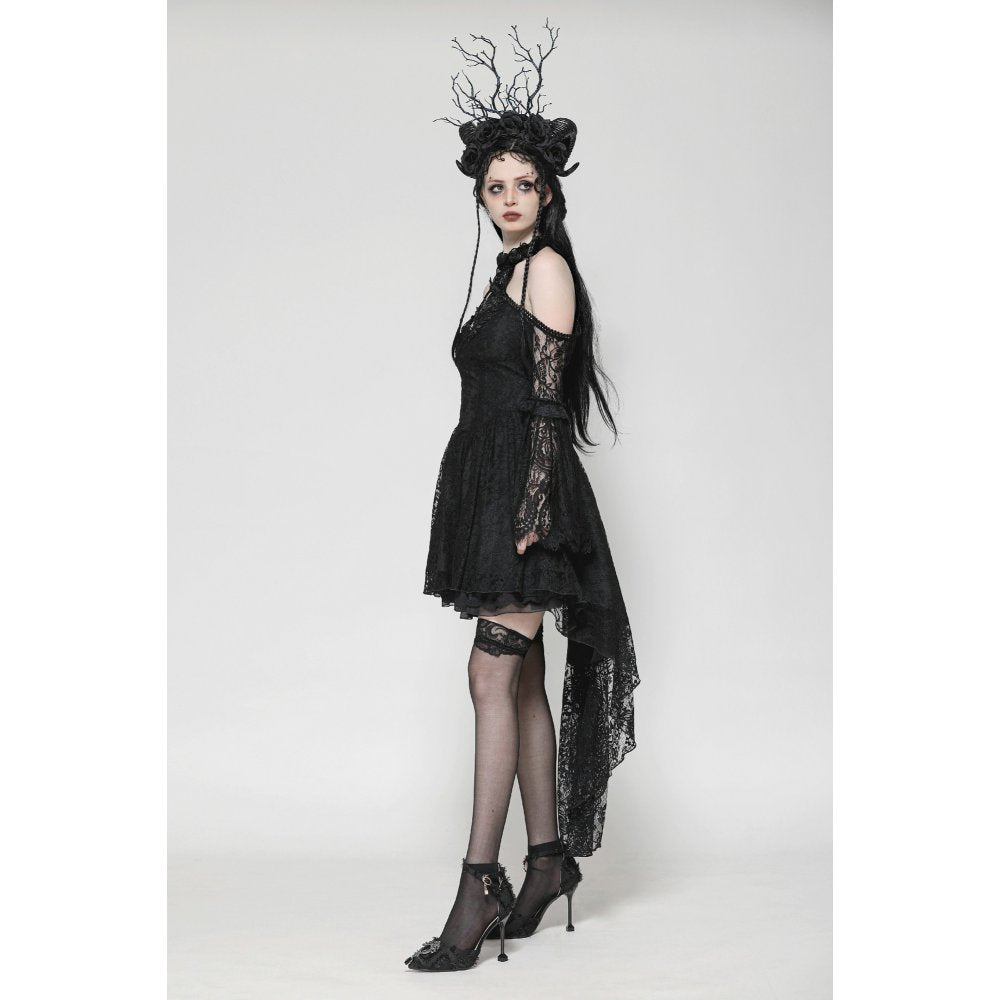 Full-length view of the Dark in Love Gem Gothic Tail Dress, highlighting its flowing laces and unique silhouette for a statement piece at upscale events.