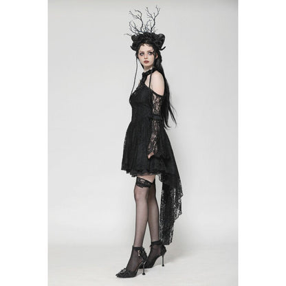 Full-length view of the Dark in Love Gem Gothic Tail Dress, highlighting its flowing laces and unique silhouette for a statement piece at upscale events.