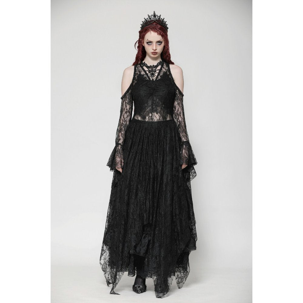 Close-up of the Carys Black Gothic Asymmetrical Off-Shoulder Dress revealing ethereal lace fabric and stunning rhinestone embellishments, embodying exquisite gothic fashion.