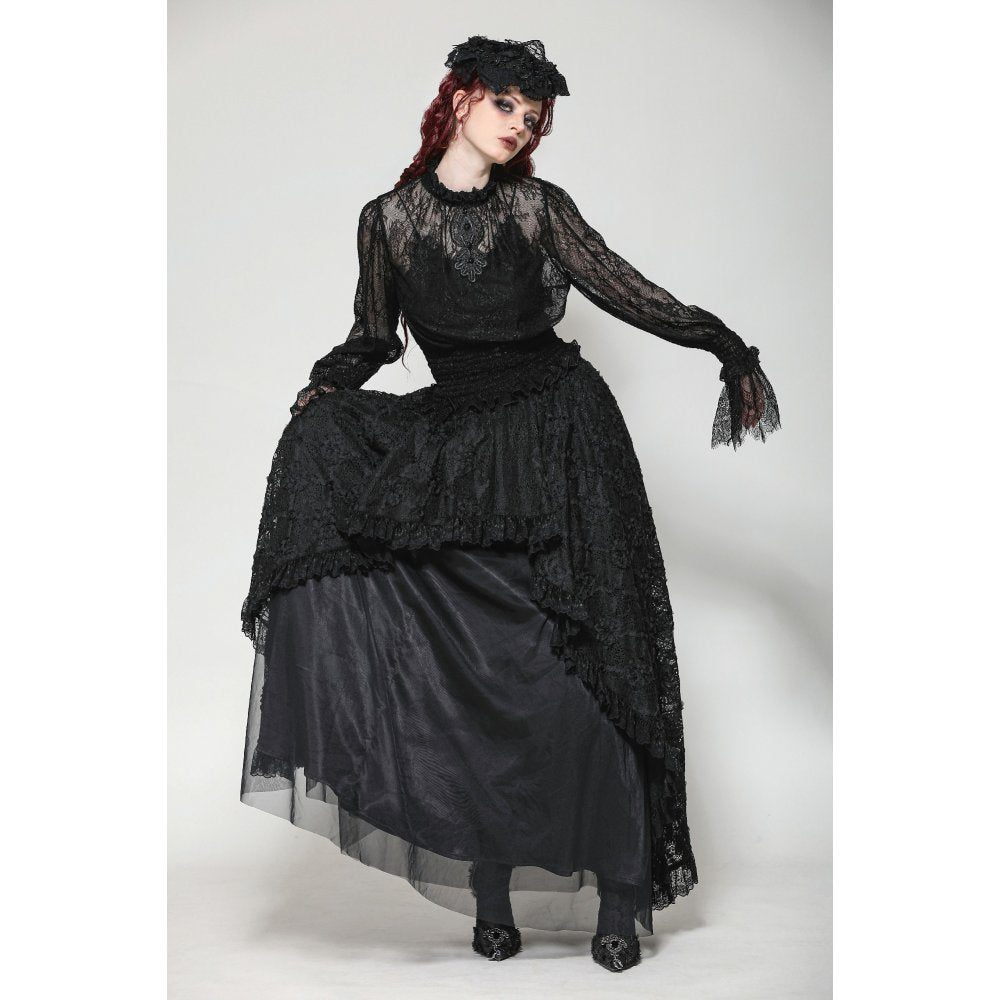 Back view of the Auifa black lace top revealing the unique keyhole cutout and elastic pleated waist, ideal for a sophisticated gothic look.