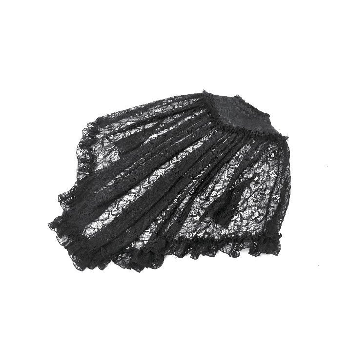 Model wearing the Dark in Love Zuri Vintage Lace Cape layered over a gothic dress, highlighting the cape's romantic drape and ruffled trim.