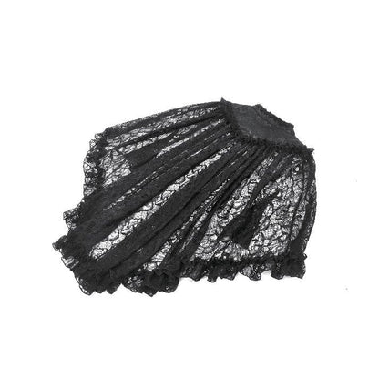 Model wearing the Dark in Love Zuri Vintage Lace Cape layered over a gothic dress, highlighting the cape's romantic drape and ruffled trim.