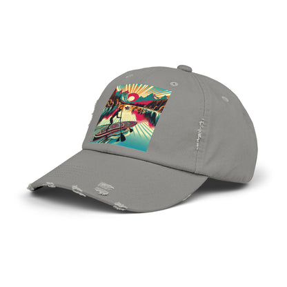 Unisex Distressed Paddleboarders Cap in grey, featuring an enchanting paddleboarding graphic design, perfect for fashion-forward adventurers.