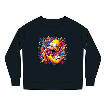 Luxurious Child's Urban Homer’s Hungry Delight Sweatshirt in black, featuring a vibrant graphic of Homer Simpson joyfully holding a donut amidst a burst of colour, perfect for ages 2-7 years.
