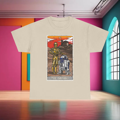 The Droids Tarot Card Graphic T-Shirt Urban Unisex Cotton Tee shown in a chic interior with a light beige background, highlighting the iconic imagery of C-3PO and R2-D2, designed in a tarot card style.