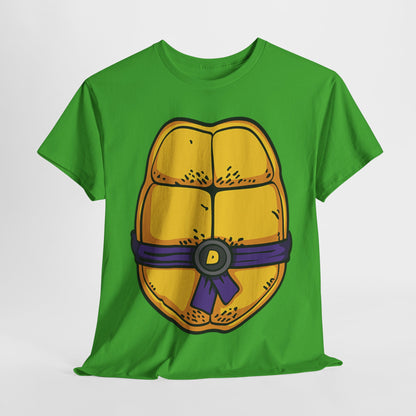 Luxury graphic t-shirt featuring Donatello's iconic golden yellow turtle shell design with a dark purple sash, perfect for fashion-forward fans of the Teenage Mutant Ninja Turtles.