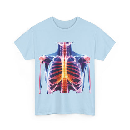 Xray Graphic T-Shirt - Front view highlighting a striking Xray graphic design on a light blue unisex cotton t-shirt, epitomising chic street fashion.