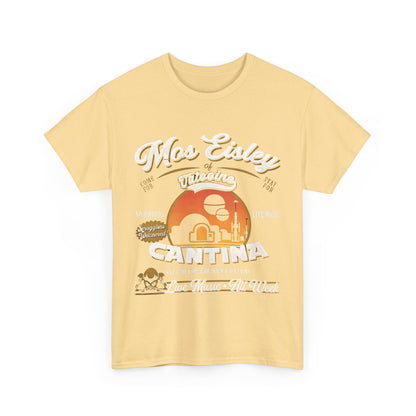 Star Wars Mos Eisley Cantina Graphic T-Shirt in vibrant yellow showcasing a unique urban design, perfect for fans and fashion enthusiasts.