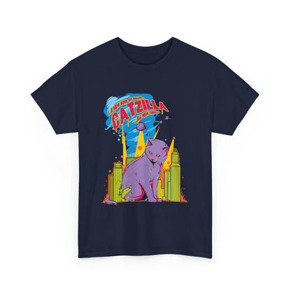 Epic Catzilla Men's T-Shirt featuring a bold graphic design of a purple cat towering over a neon cityscape, perfect for adventurers and comic enthusiasts.